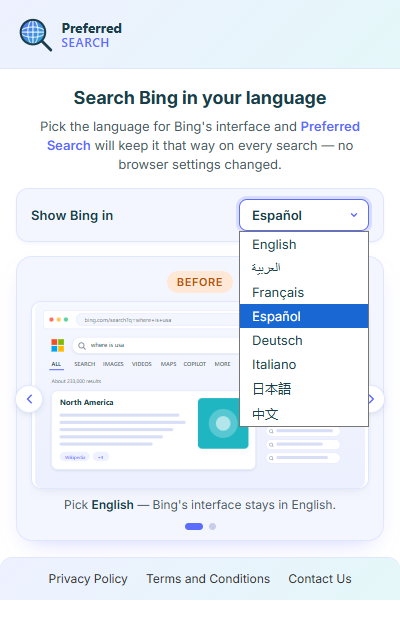 Preferred Search extension popup showing language selector
